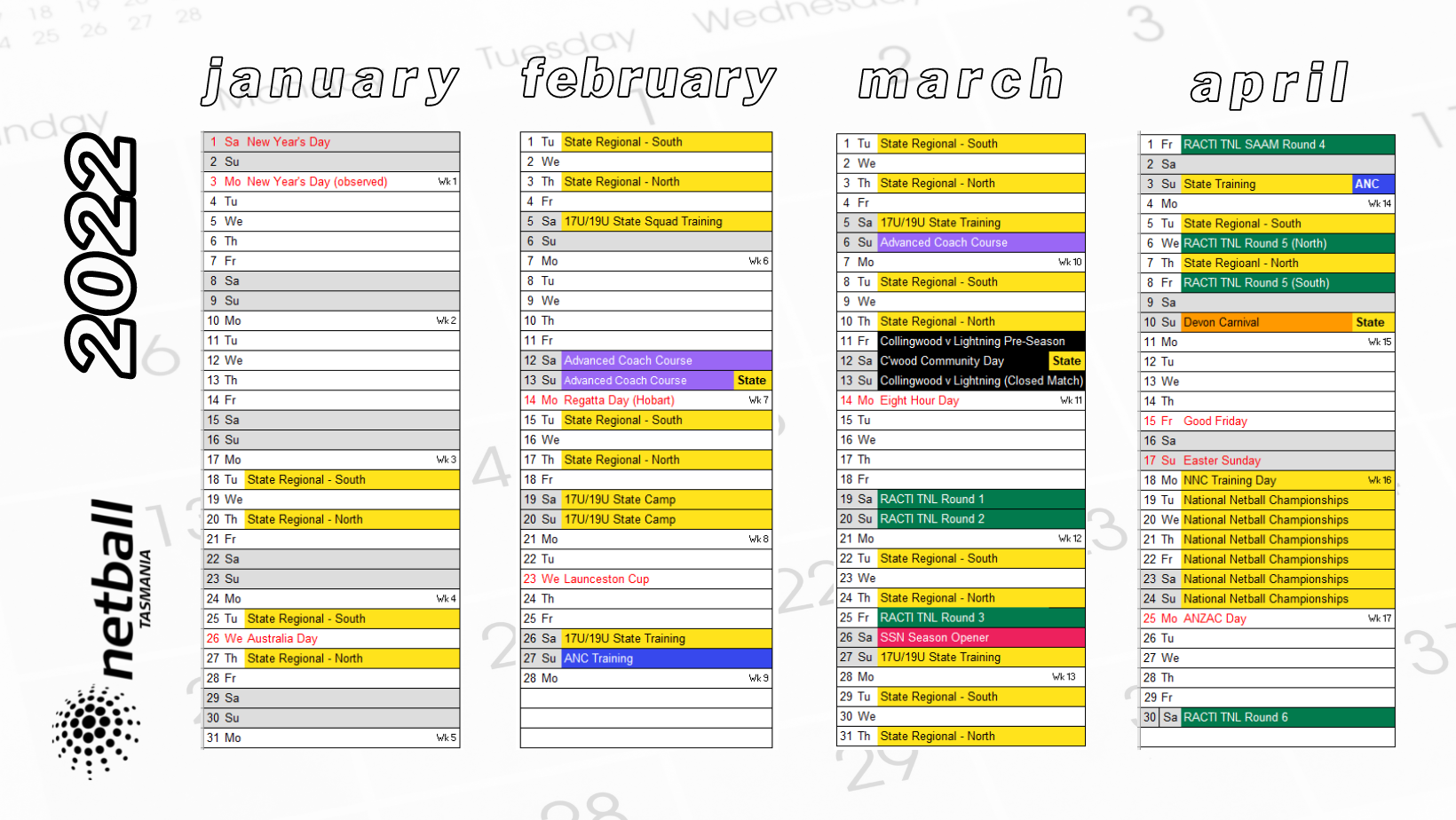 Netball Tasmania Yearly Calendar Netball TAS